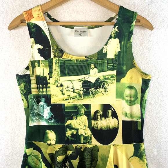 Cowcow‎ Womens Haunting Fit Flare Dress Sz M E Girl Alt Sepia Portraits Ghostly - Picture 2 of 14